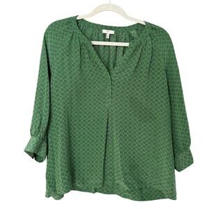 Joie 100% Silk Green, Black & White Long Sleeve flowly Blouse